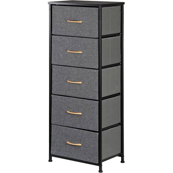 Dresser with 5 Drawers, Tall Vertical Storage Tower Standing, Sturdy Metal Frame, Fabric Storage Bin with Handle for Bedroom Office Closet Entryway Living Room, Grey