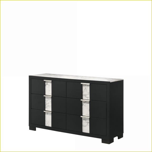 Dresser 6-Drawer Contemporary Metal Knobs Black White Finish | Wooden | Black
