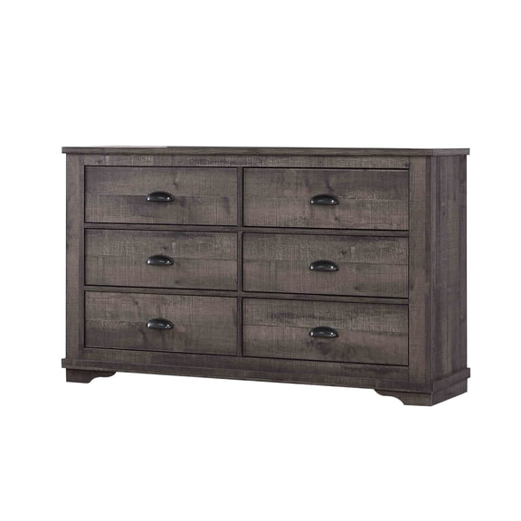 Dresser 6-Drawer Contemporary Rustic Gray Finish, Wooden Construction, Geometric Design, Ample Storage Space for Bedroom Organization