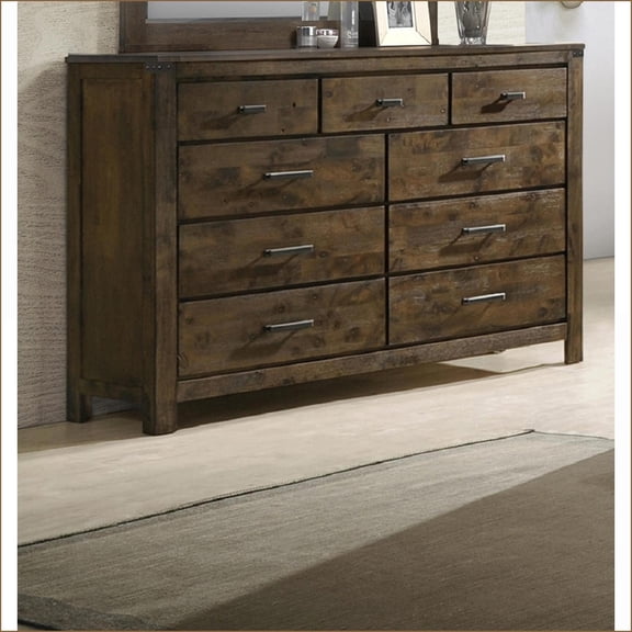 Dresser, 63 Wide Rustic Industrial Solid Wood 7-Drawer with Metal Handles | Brown | Wood