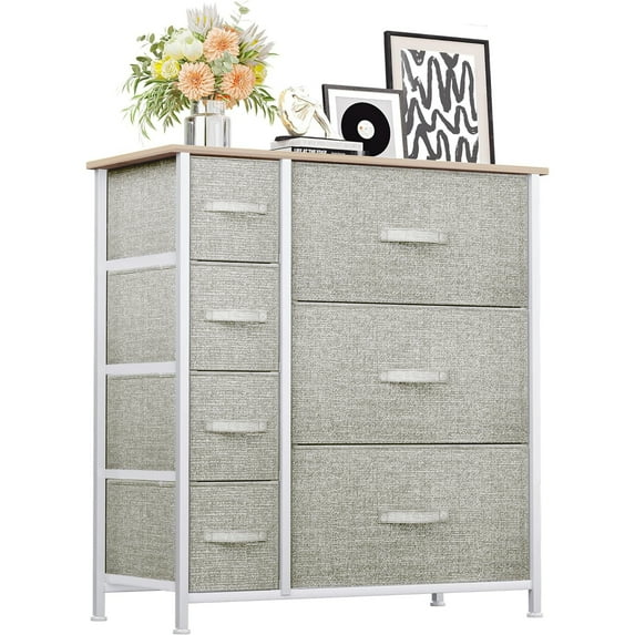 Dresser with 7 Drawers,Hengu Fabric Storage Tower,Organizer Unit for Living Room, Hallway - Sturdy Steel Frame, Wooden Top & Easy Pull Fabric Bins,Gray