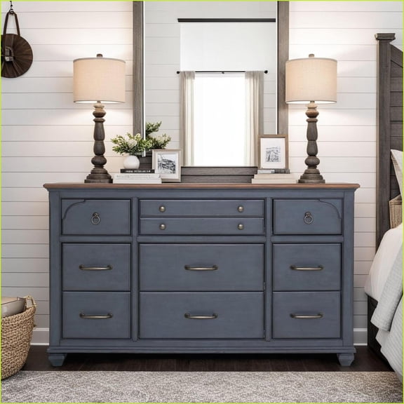 Dresser, 9-Drawer Coastal Traditional No Assembly | Corduroy Blue | Rubberwood Solids