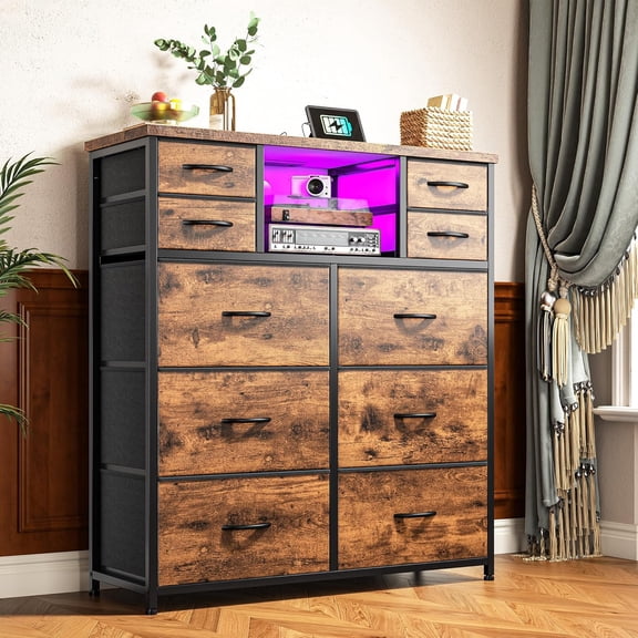 Dresser for Bedroom with 10 Drawers Featuring LED Light and Power Outlet, Fabric Dressers & Chest of Drawers with Open Shelves for Hallway, Living Room, Steel Frame,Wood Top, Rustic Brown