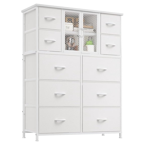 Dresser for Bedroom with 10 Drawers, White Dresser with Mesh Door, Sturdy Metal Frame,Wood Top and Fabric Bins, .2" H Chest of Drawers for Hallway, Entryway