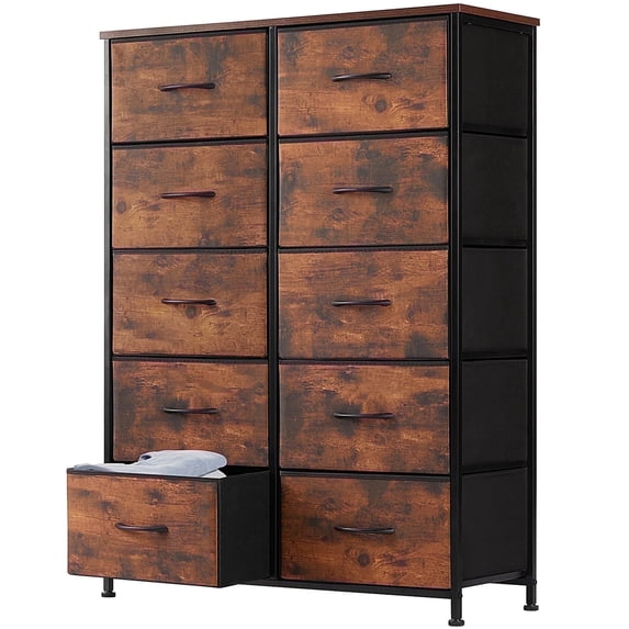 Aidoly Dresser for Bedroom, 10 Storage Drawers, Anti-Tip Tall Fabric Closet Chests Organizer Tower Furniture with Wooden Top Metal Frame for Living Room, Hallway, Entryway, Rust