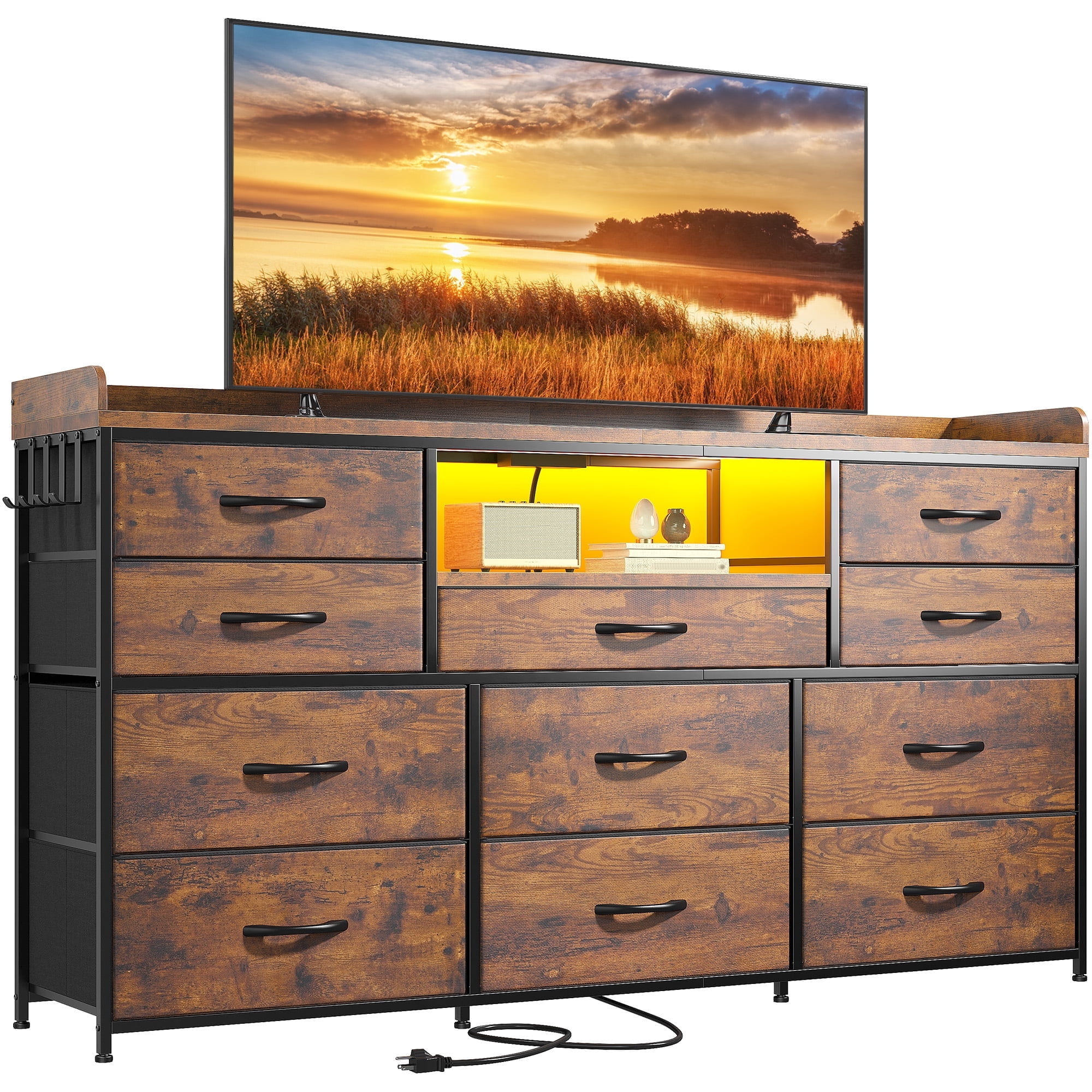Dresser for Bedroom with 11 Drawers for 60" TV Stand with LED Lights & Charging Station Wide Dresser with Shelves & 4 Hooks Sturdy Metal Frame & Fabric & Wood Top,Rustic Brown