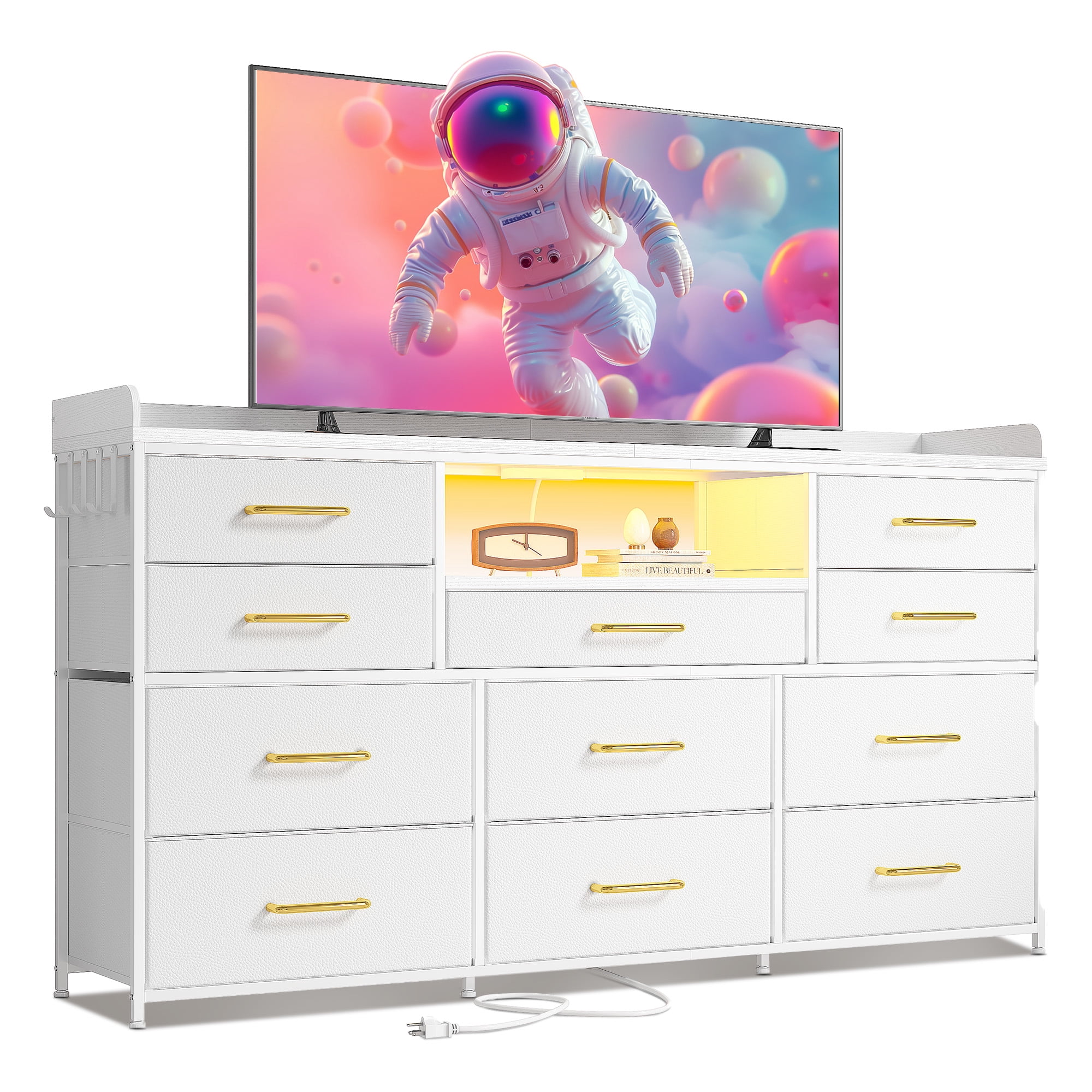 Dresser for Bedroom with 11 Drawers for 60" TV Stand with LED Lights & Charging Station Wide Dresser with Shelves & 4 Hooks Sturdy Metal Frame & Fabric & Wood Top ,White