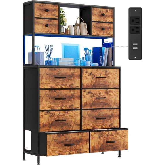 Dresser for Bedroom with 12 Drawers, Chest of Drawers for Bedroom Clearance, Bedroom Dresser, Fabric Drawer and Wooden Top with Steel Frame for Living Room