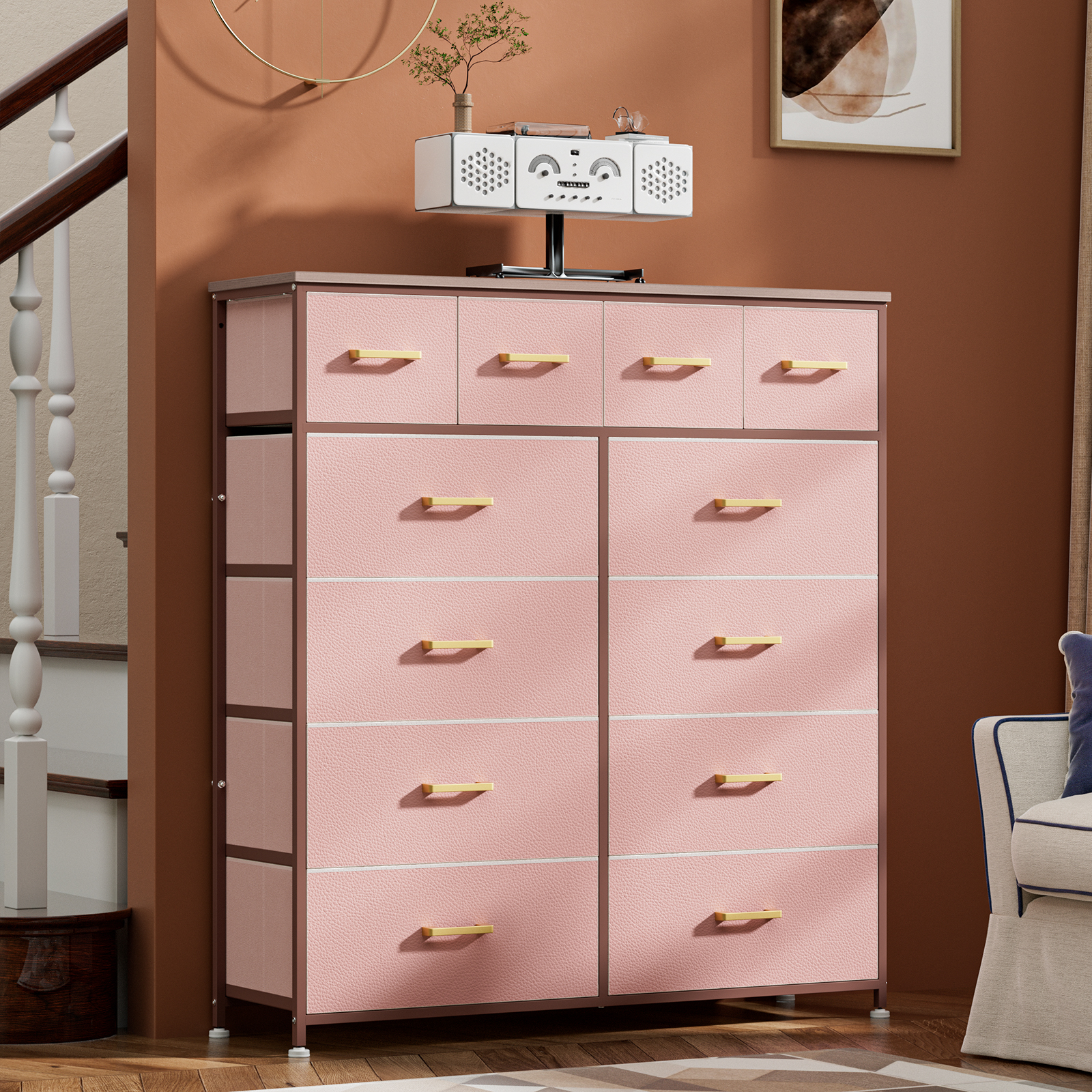 Dresser for Bedroom with 12 Drawers, Chests of Drawers & Tall Pink