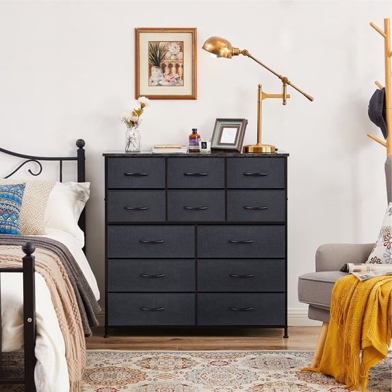 Dresser for Bedroom with 12 Drawers, Storage Drawer Organizer, Wide Chest of Drawers for Closet Clothing Bedroom Funiture with Storage Drawers, Wood Board, Fabric Drawers(Black Grey)