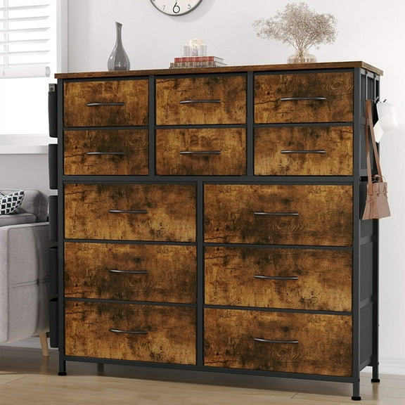 Dresser for Bedroom,12 Dressers & Chest of Drawers with Side Pockets,Tall Fabric Storage Dresser for Bedroom, Closet, Nursery,Hallway, Entryway,Metal Frame, Wood Top