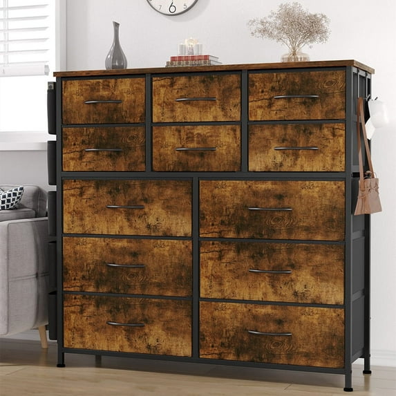 Dresser for Bedroom,12 Dressers & Chest of Drawers with Side Pockets,Tall Fabric Storage Dresser for Bedroom, Closet, Nursery,Hallway, Entryway,Metal Frame, Wood Top