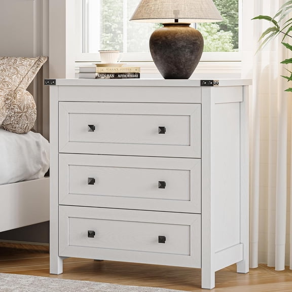 Dresser for Bedroom with 3 Drawers, Small Chests of Drawers, 27.55" Wide Farmhouse Wood Nightstand Bedside Cabinet End Table, Modern Closet Storage Organizer for Living Room, Entryway, Hallway, White