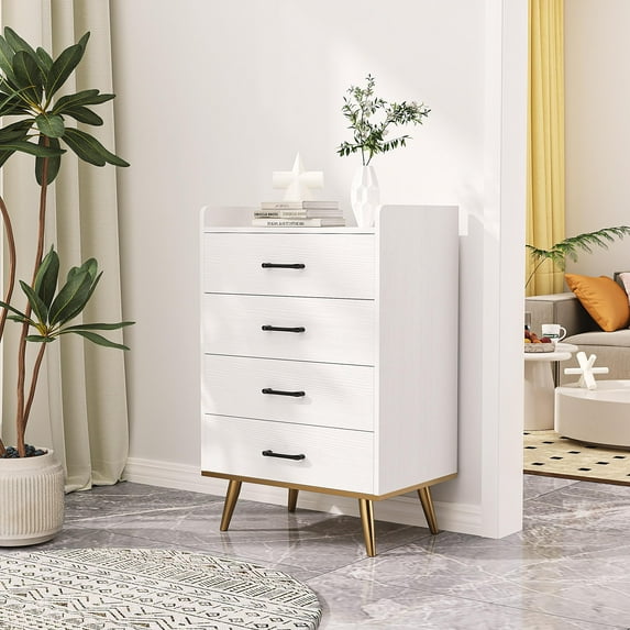 Dresser for Bedroom, 4-Drawer White Closet Dresser Wood, Dressers & Chests of Drawers with Legs & Cloth Drawer, Storage Fabric Drawer for Home Bedroom Office Furniture