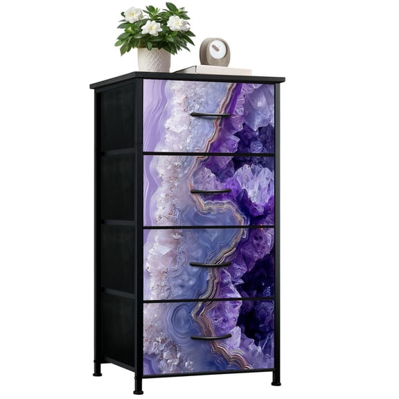 Dresser for Bedroom with 4 Storage Drawers Abstract Amethyst Geode Purple White Crystals Dressers Chest of Drawers Steel Framed Fabric Closet Organizers for Dorm Nightstand Bedside Table Furniture