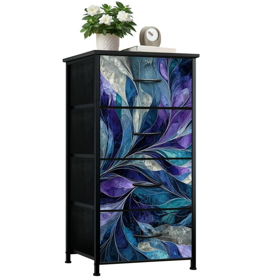 Dresser for Bedroom with 4 Storage Drawers Abstract Elegance Teal Violet Canvas Dressers Chest of Drawers Steel Framed Fabric Closet Organizers for Entryway