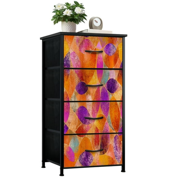 Dresser for Bedroom with 4 Storage Drawers Abstract Geometric Leaf Warm Orange Purple Grunge Texture Dressers Chest of Drawers Steel Framed Fabric Closet Organizers for Entryway