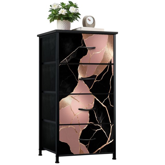 Dresser for Bedroom with 4 Storage Drawers Abstract Pink Black Marble Gold Vein Cracks Luxury Geometric Stone Dressers Chest of Drawers Steel Framed Fabric Closet Organizers for Boys Dorm Entryway