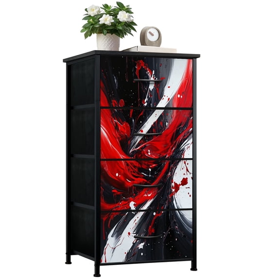 Dresser for Bedroom with 4 Storage Drawers Abstract Red Black White Picture Modern Swirling Lines Red White Dressers Chest of Drawers Steel Framed Fabric Closet Organizers for Entryway