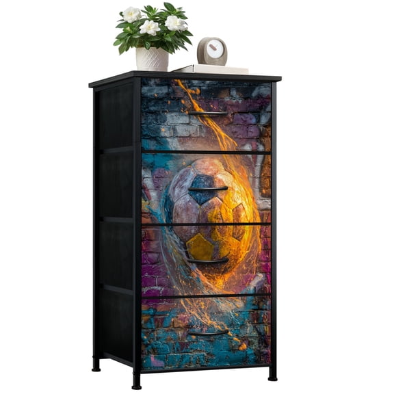 Dresser for Bedroom with 4 Storage Drawers Abstract Soccer Ball Bold Brushstrokes Paint Splashes Dressers Chest of Drawers Steel Framed Fabric Closet Organizers for Bedroom Dorm Playroom