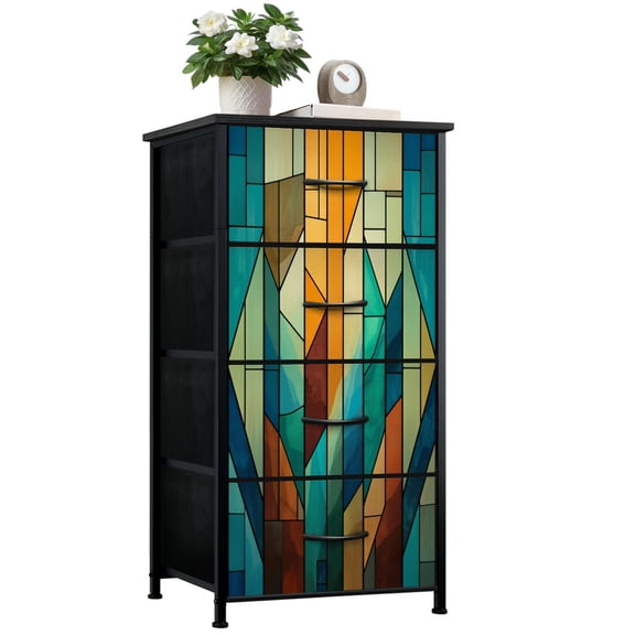 Dresser for Bedroom with 4 Storage Drawers Abstract Stained Glass Vibrant Blue Orange Teal Dressers Chest of Drawers Steel Framed Fabric Closet Organizers for Dorm Entryway