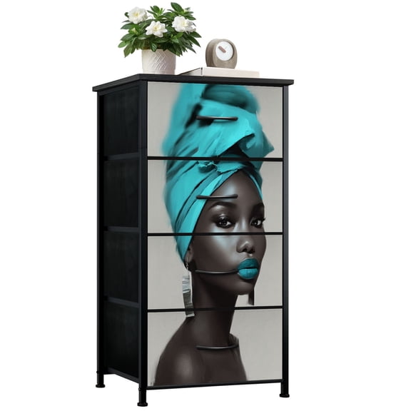 Dresser for Bedroom with 4 Storage Drawers African Black Girl Beauty Teal Hair African American Black Women Dressers Chest of Drawers Steel Framed Fabric Closet Organizers for Entryway