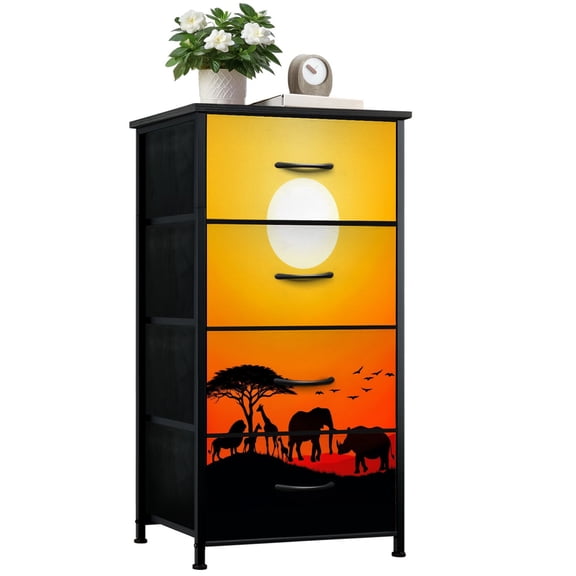 Dresser for Bedroom with 4 Storage Drawers African landscape scene animal savannah silhouette Dressers Chest of Drawers Steel Framed Fabric Closet Organizers for Dorm Entryway