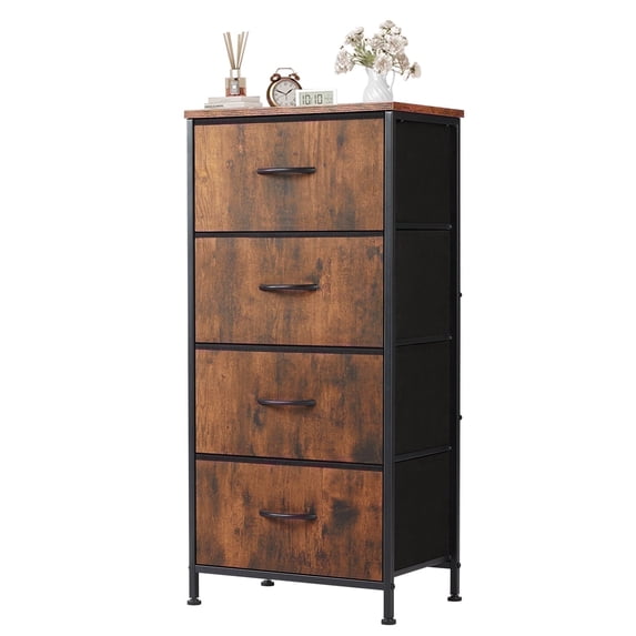 Aidoly Dresser, 4 Storage Drawers, Anti-Tip Fabric Closet Chests Organizer Tower Furniture with Wooden Top, Metal Frame, Rust
