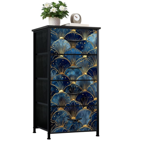 Dresser for Bedroom with 4 Storage Drawers Art Deco Fan Gold Linework Navy Blue Scalloped Design Dressers Chest of Drawers Steel Framed Fabric Closet Organizers for Dorm Entryway