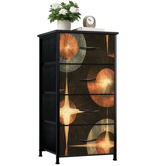 Dresser for Bedroom with 4 Storage Drawers Atomic Starburst Retro 1950s Peel Stick Motif Layered Light Effects Dressers Chest of Drawers Steel Framed Fabric Closet Organizers for Entryway