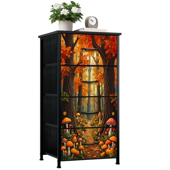 Dresser for Bedroom with 4 Storage Drawers Autumn Forest Path Maple Red Mushrooms Pumpkins Whimsical Fantasy Dressers Chest of Drawers Steel Framed Fabric Closet Organizers for Dorm Entryway