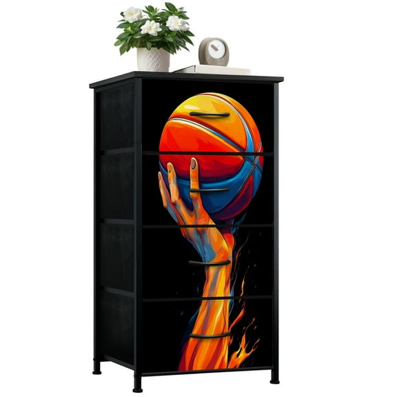 Dresser for Bedroom with 4 Storage Drawers Basketball Theme Abstract Graffiti Colorful Sport Basketball Extended Dressers Chest of Drawers Steel Framed Fabric Closet Organizers for Entryway