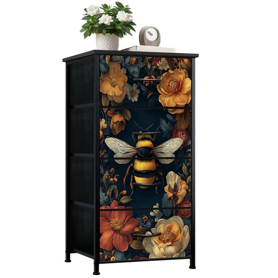 Dresser for Bedroom with 4 Storage Drawers Bee Floral Garden Dark Teal Golden Botanical Dressers Chest of Drawers Steel Framed Fabric Closet Organizers for Dorm Entryway End Table