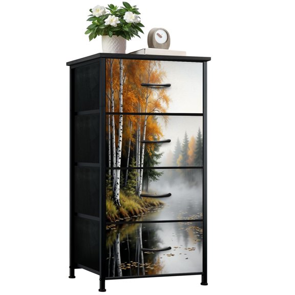 Dresser for Bedroom with 4 Storage Drawers Birch Trees Abstract Forest Branches Landscape Colorful Dressers Chest of Drawers Steel Framed Fabric Closet Organizers for Dorm Entryway