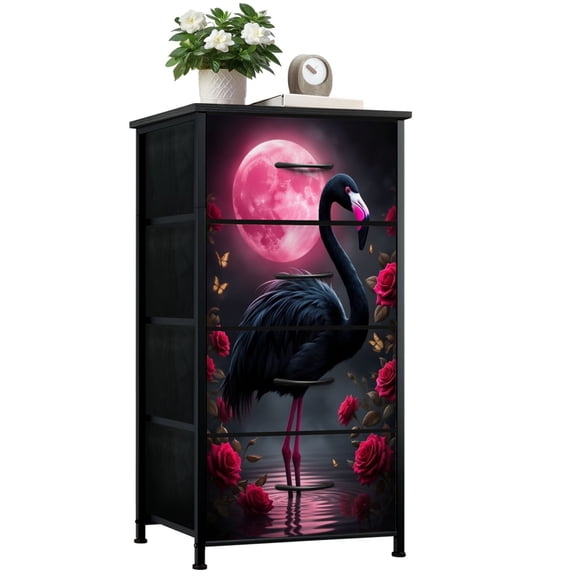 Dresser for Bedroom with 4 Storage Drawers Black Flamingo Pink Moon Surreal Night Scene Red Roses Butterflies Dressers Chest of Drawers Steel Framed Fabric Closet Organizers for Dorm Entryway