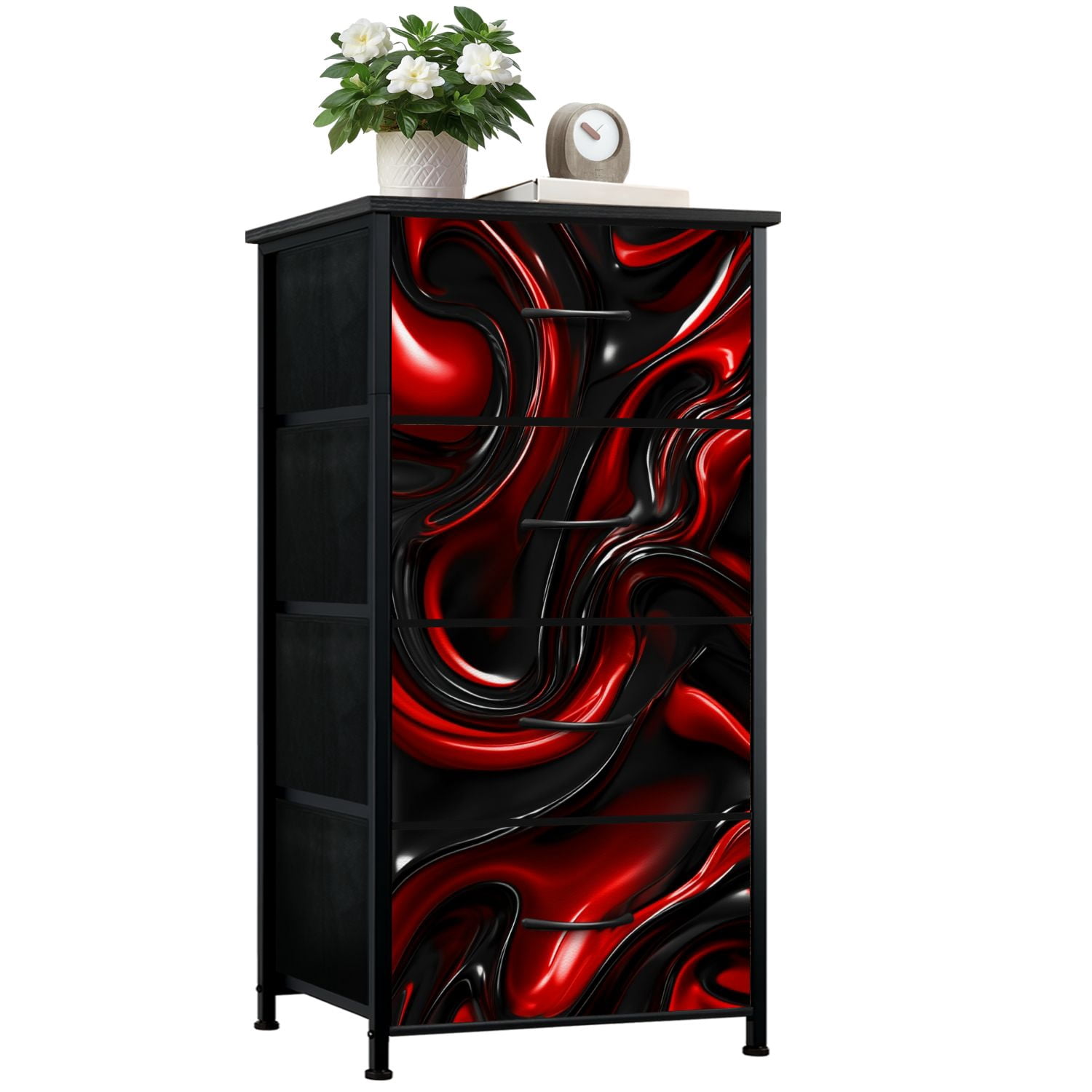black and red dresser Dark Floral 4-Drawer – Lightweight Storage Unit – VINTARAMA expertly crafted with a rubberwood frame Red, White Cream and Black