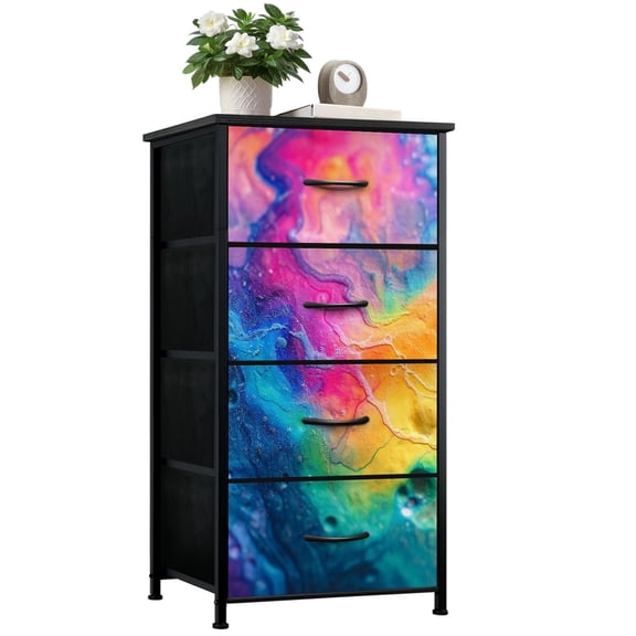 Dresser for Bedroom with 4 Storage Drawers Bleeding Pigments Dye Watercolour Canvas Rich Hues Dressers Chest of Drawers Steel Framed Fabric Closet Organizers for Entryway