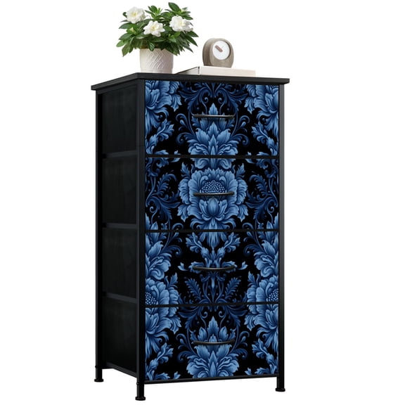 Dresser for Bedroom with 4 Storage Drawers Blue Ornate Floral Damask Detailed Leaves Dark Dressers Chest of Drawers Steel Framed Fabric Closet Organizers for Dorm Entryway