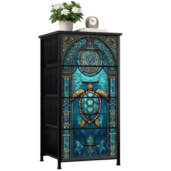 Dresser for Bedroom with 4 Storage Drawers Blue Sea Turtle Glass Patterns Dressers Chest of Drawers Steel Framed Fabric Closet Organizers for Dorm Entryway