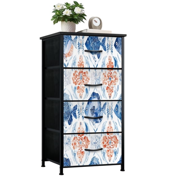 Dresser for Bedroom with 4 Storage Drawers Blue Watercolor Fish Orange Floral Motifs Hand Painted Style Dressers Chest of Drawers Steel Framed Fabric Closet Organizers for Entryway