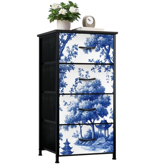 Dresser for Bedroom with 4 Storage Drawers Blue White Oriental Landscape Trees Traditional Dressers Chest of Drawers Steel Framed Fabric Closet Organizers for Dorm Entryway