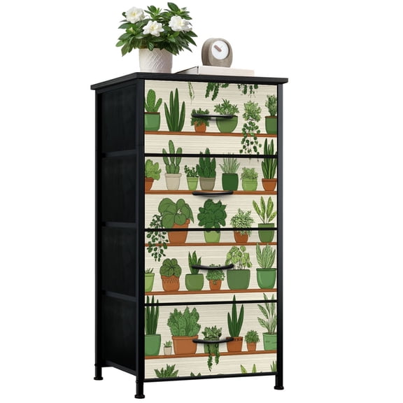 Dresser for Bedroom with 4 Storage Drawers Cactus Tropical Desert Wood Shelf Watercolor Botanical Potted Cactus Dressers Chest of Drawers Steel Framed Fabric Closet Organizers for Entryway