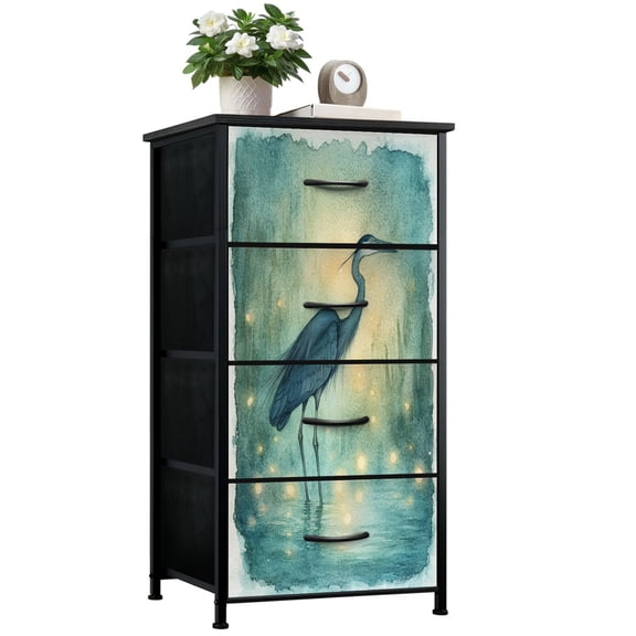Dresser for Bedroom with 4 Storage Drawers Captivating Heron Silhouette Glowing Teal Atmosphere Dressers Chest of Drawers Steel Framed Fabric Closet Organizers for Entryway Home Decor