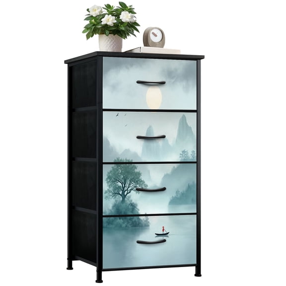 Dresser for Bedroom with 4 Storage Drawers Chinese style ink landscape painting watercolor artistic Dressers Chest of Drawers Steel Framed Fabric Closet Organizers for Entryway