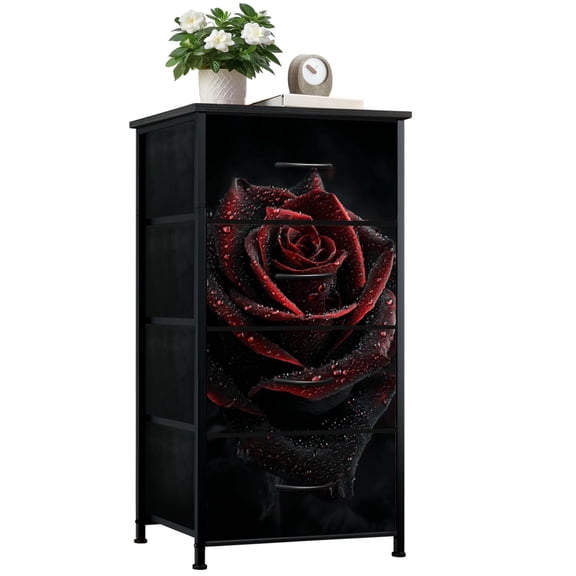 Dresser for Bedroom with 4 Storage Drawers Close up Black Red Rose Dewdrops Petals Dark Academia Gothic Dressers Chest of Drawers Steel Framed Fabric Closet Organizers for Dorm Entryway
