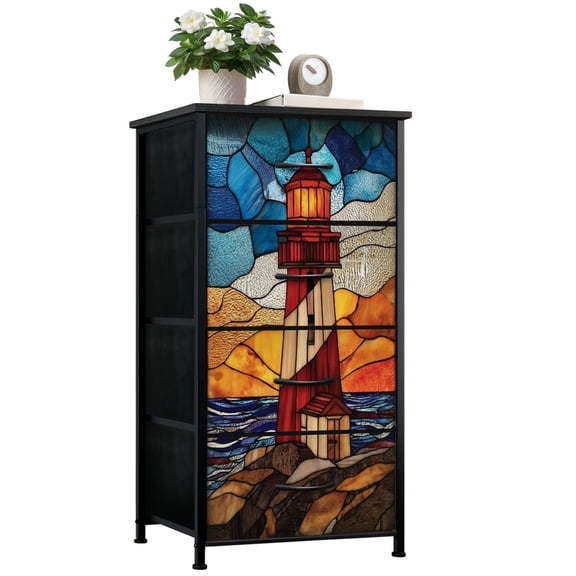 Dresser for Bedroom with 4 Storage Drawers Coastal Lighthouse Stained Glass Hanging Ornament Chest of Drawers Steel Framed Fabric Closet Organizers for Entryway