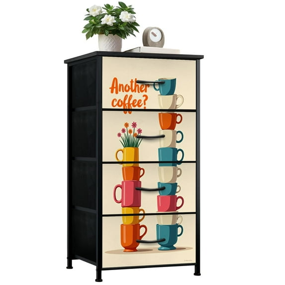 Dresser for Bedroom with 4 Storage Drawers Colorful Coffee Cup Trendy Fun Aesthetic Black Framed Stacked Cups Dressers Chest of Drawers Steel Framed Fabric Closet Organizers for Entryway
