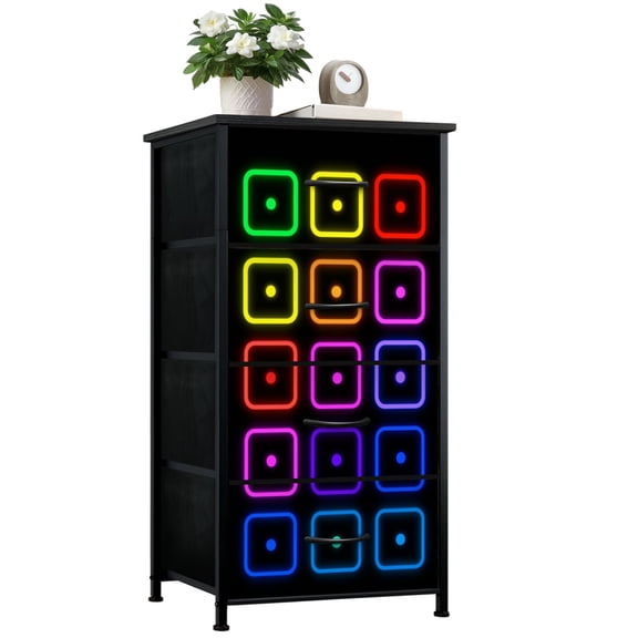 Dresser for Bedroom with 4 Storage Drawers Colorful Geometric Vibrant Circles Neon Squares Dressers Chest of Drawers Steel Framed Fabric Closet Organizers for Dorm Entryway