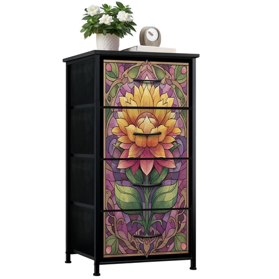 Dresser for Bedroom with 4 Storage Drawers Colorful Sunflower Stained Glass Style Lavender Green Dressers Chest of Drawers Steel Framed Fabric Closet Organizers for Dorm Entryway