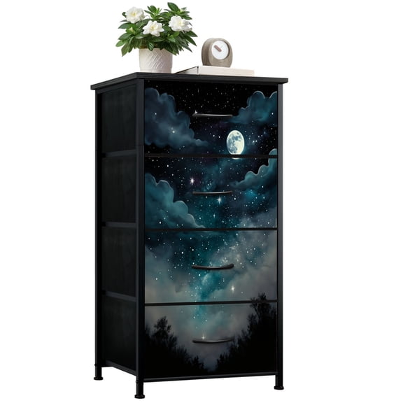 Dresser for Bedroom with 4 Storage Drawers Dark Academia Cottagecore Star Celestial Moody Night Landscape 3D Dressers Chest of Drawers Steel Framed Fabric Closet Organizers for Entryway
